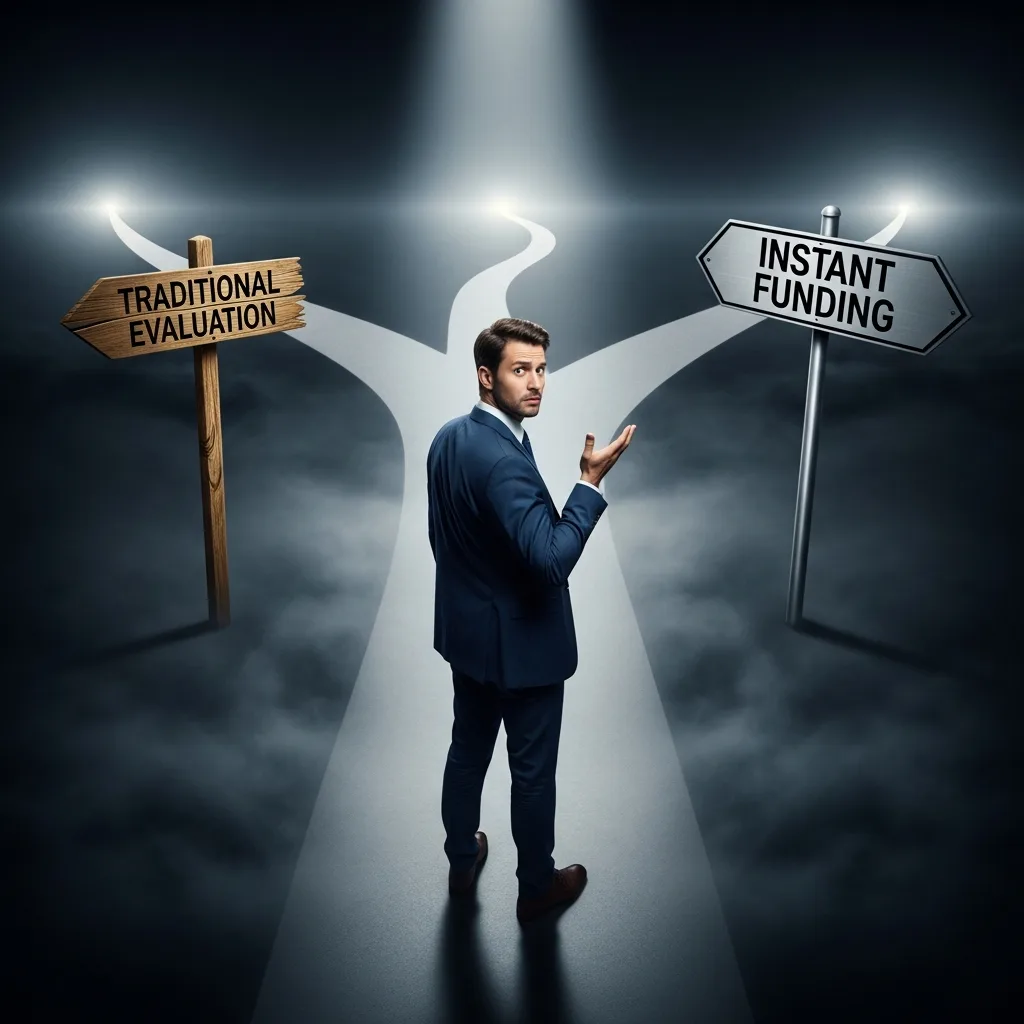 An investor stands at a crossroads, choosing between instant and traditional funding paths, symbolizing the strict rules of instant accounts.