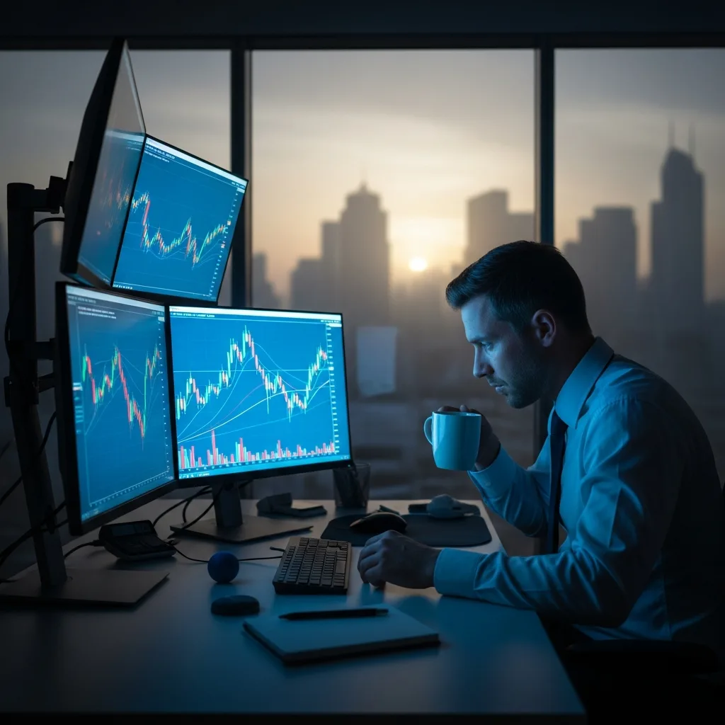 Trader focused at a desk with blue light, symbolizing ambition and the pursuit of instant funding.