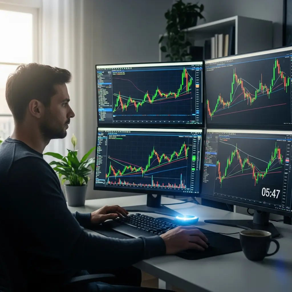 A metaphor for a trader facing a challenging mental marathon, with an abstract representation of a prop firm evaluation course and time constraints.