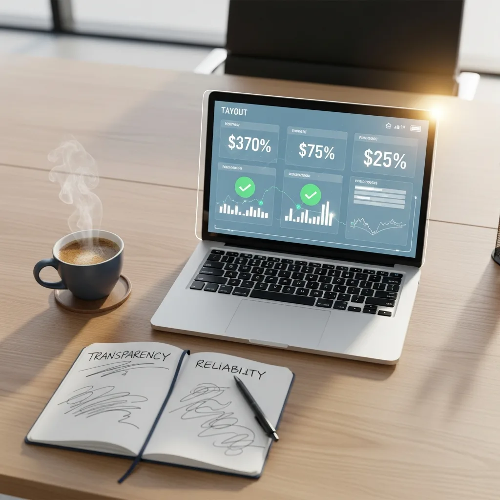 Trader's desk with a transparent payout dashboard, highlighting futures prop firm reliability.