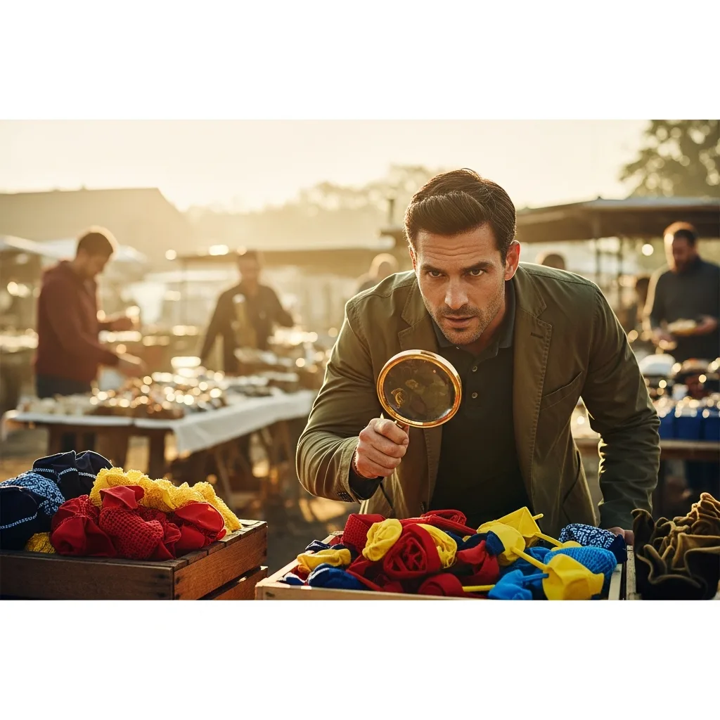 Trader in a bustling marketplace surrounded by discount signs for futures prop firms, highlighting strategic shopping.