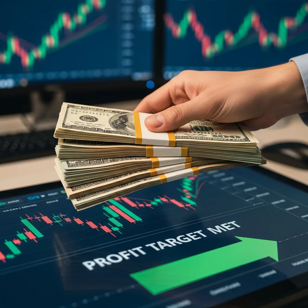 Trader's hand stacking money with a profit target overlay, representing futures prop firm earnings.