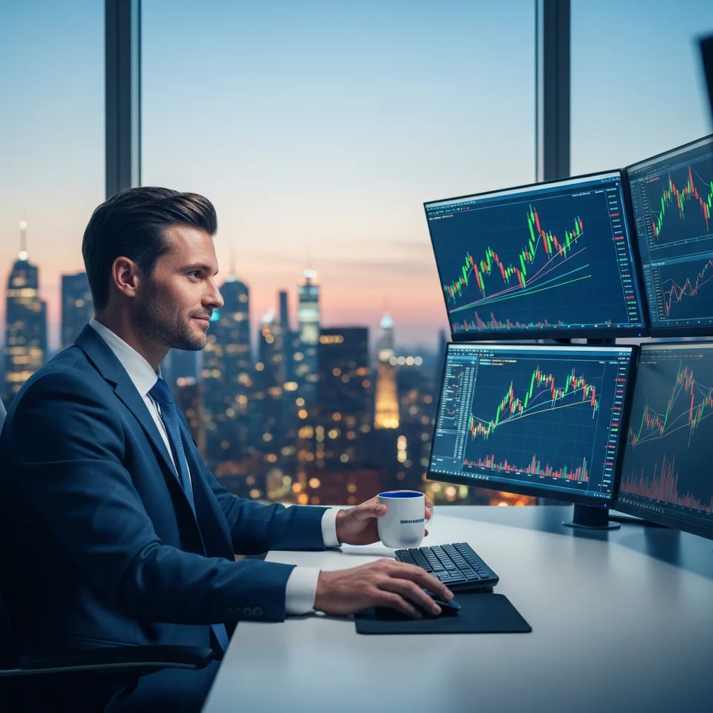 Trader at a high-tech desk, meticulously planning and calculating strategies for building a multi-firm trading empire.