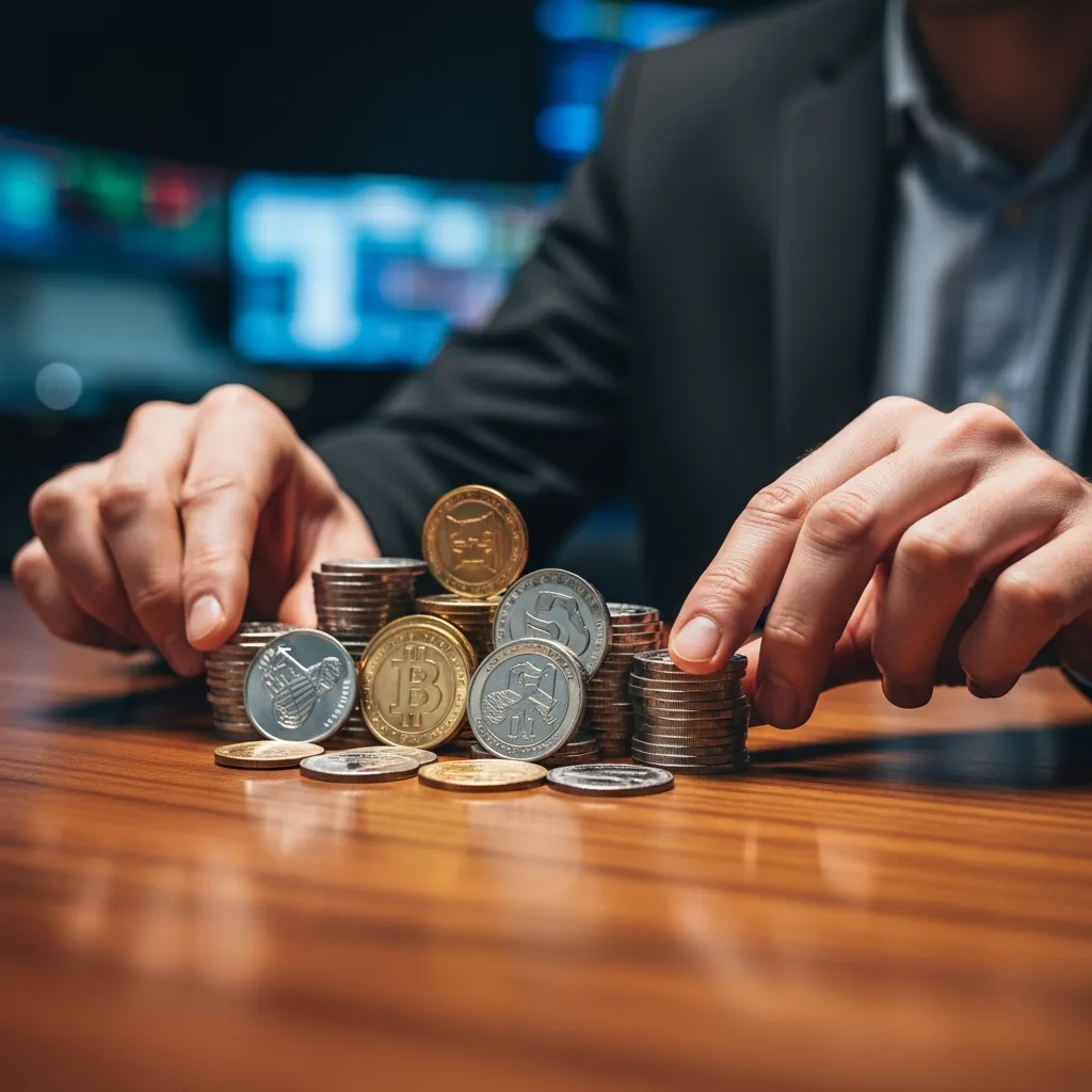 Trader with a diversified portfolio of coins, symbolizing the strategic management of discounts and capital across multiple firms.