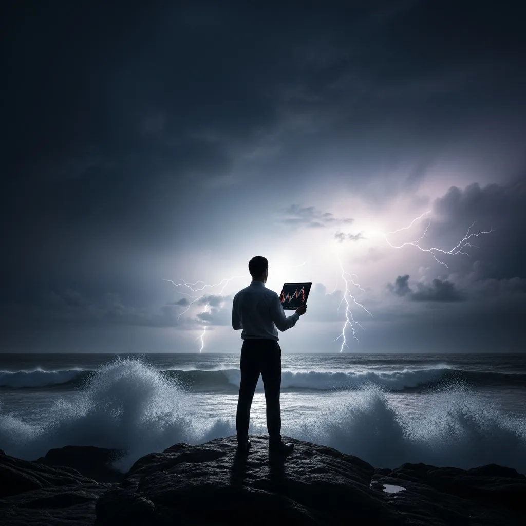 Trader navigating a stormy ocean, symbolizing the turbulent futures prop firm market and the need for strategic discounts.