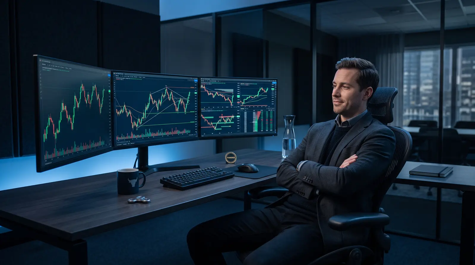 Advanced trading desk setup with multiple monitors for a comprehensive Traders Launch review 2026.