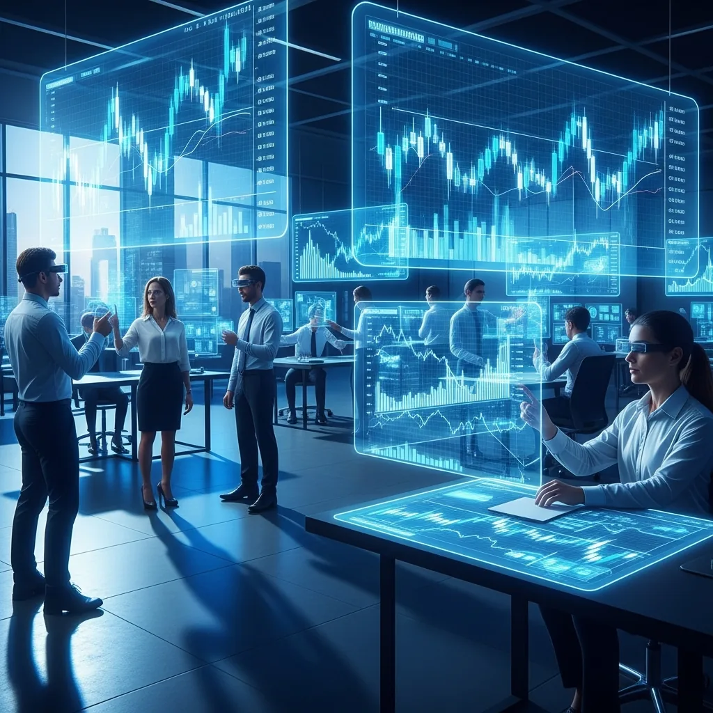 A futuristic trading floor glowing with digital data, symbolizing the high-speed environment of futures trading where latency is critical.