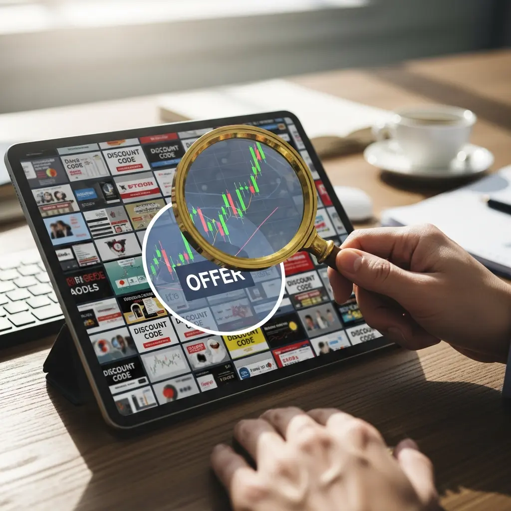Magnifying glass examining a Take Profit Trader discount code, symbolizing verification.